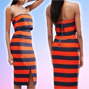 NWT LAVISH ALICE Bandeau Strapless Midi Fitted Dress Sz 4 Orange Navy Striped
